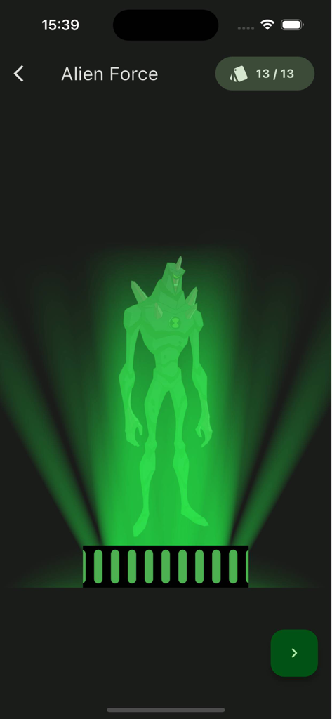 A green glowing hologram of an alien from Ben 10 Alien Force in the Omnitrix Wiki app simulator.