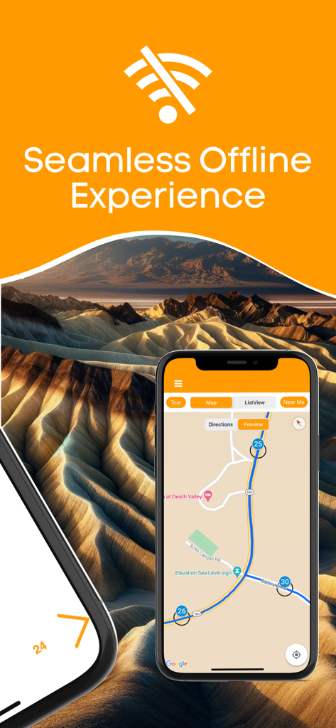 Death Valley National Park audio guide app interface showing an offline map over a desert landscape