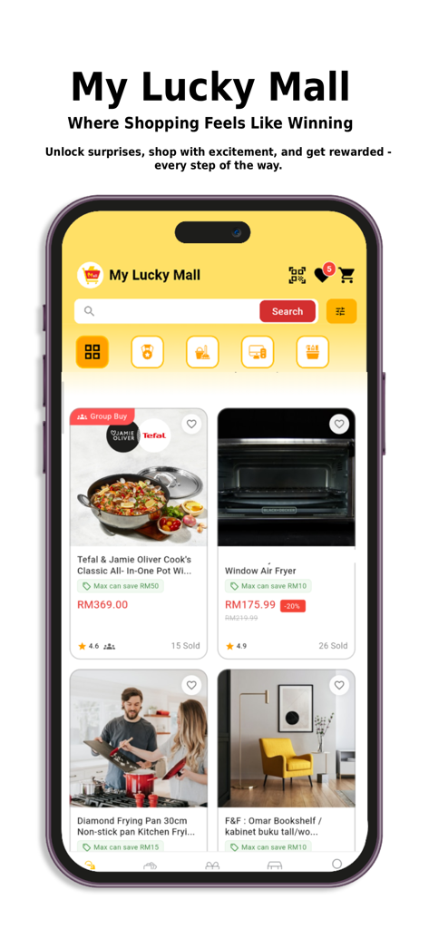 Pantalla de teléfono inteligente que muestra la página de inicio de la aplicación Myluckymall con varias listas de productos y categorías de compras