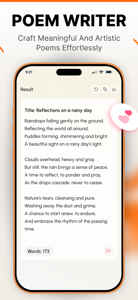 AI Writer: Essay, Story, Email - Screenshot of the AI Writer app showing the poem generator tool with a written poem about a rainy day