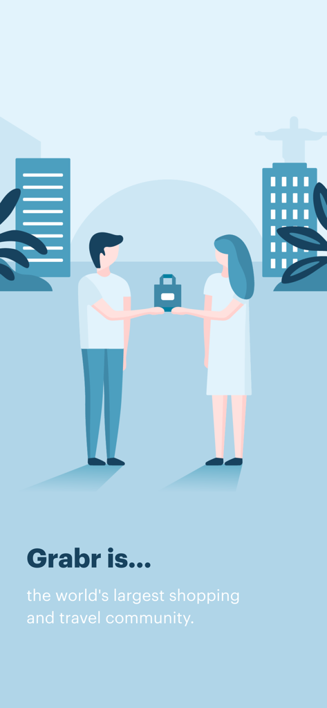 Grabr - Global Shopping - Graphic illustration of two people meeting in a city to exchange a shopping bag representing the Grabr community.