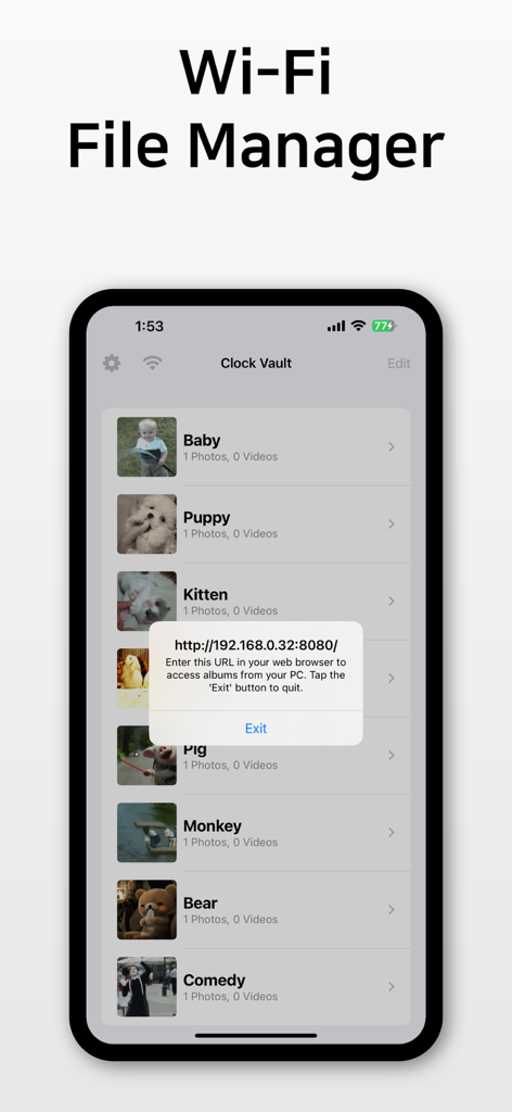 Clock Vault - My Secret Album! - Clock Vault app Wi-Fi file manager for computer access