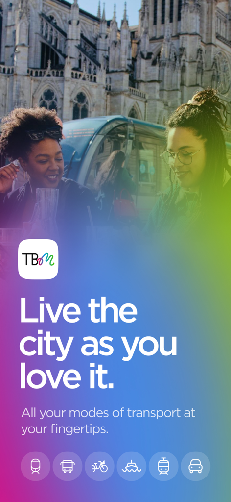Pantalla de la aplicación TBM mobilites mostrando iconos de transporte multimodal y dos personas disfrutando de la vida en la ciudad de Burdeos
