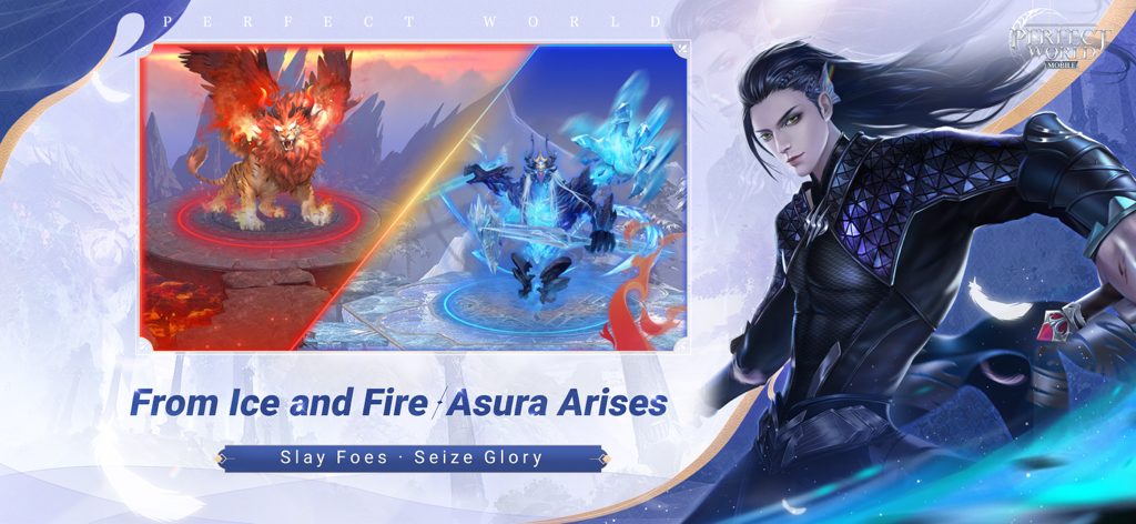 Perfect World Mobile - Perfect World Mobile promotional image for the Prison of Ice and Fire expansion featuring the Asura character and mythical bosses.