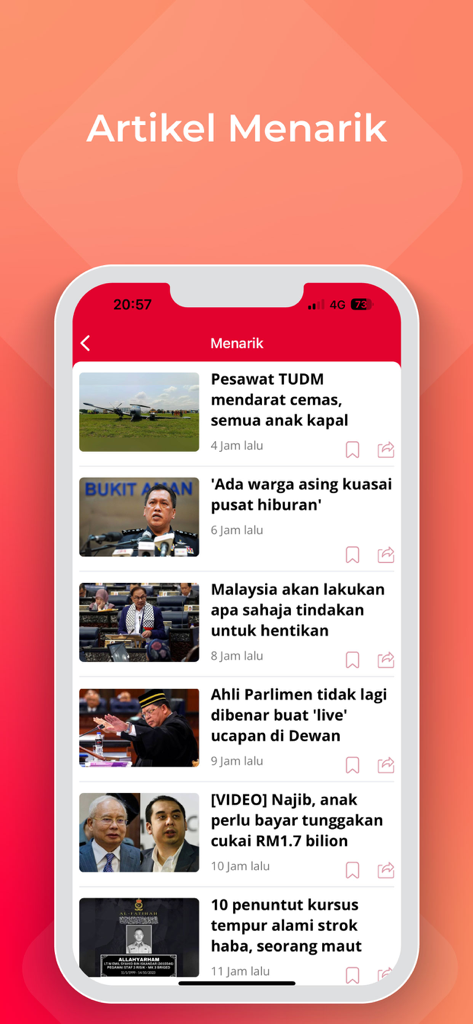Sinar Harian mobile app screen showing a curated list of interesting news articles in Malay.
