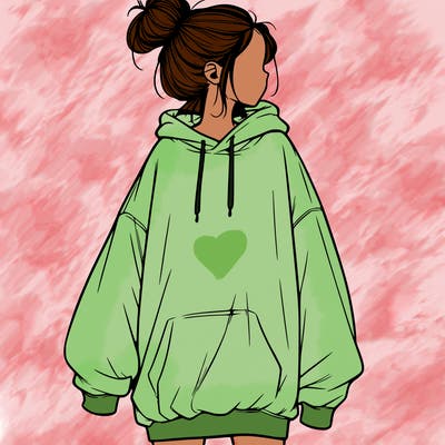 realistic girl with a oversized sweatshirt on and a bun