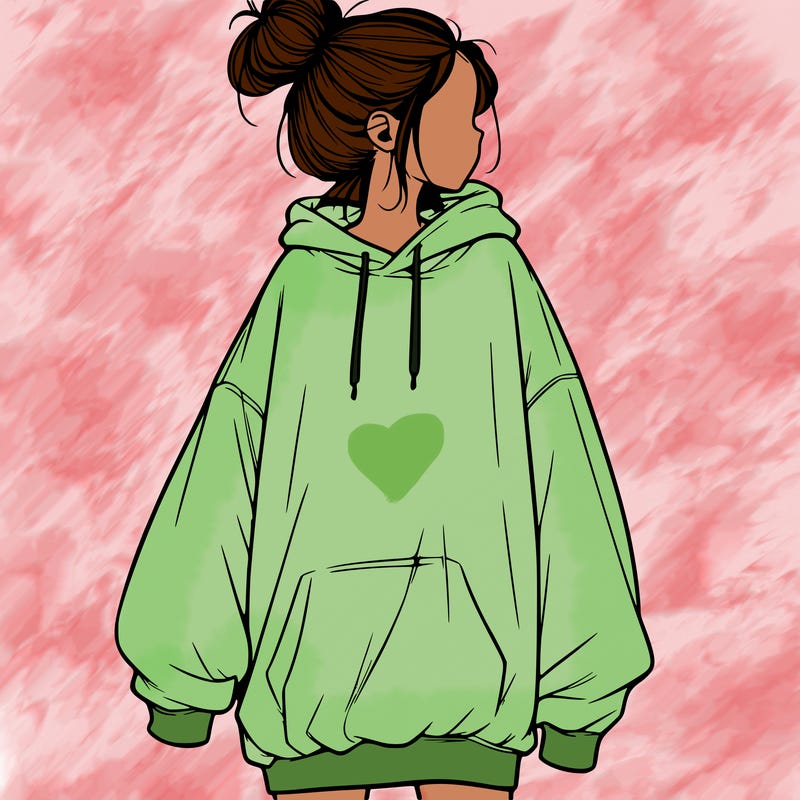 realistic girl with a oversized sweatshirt on and a bun
