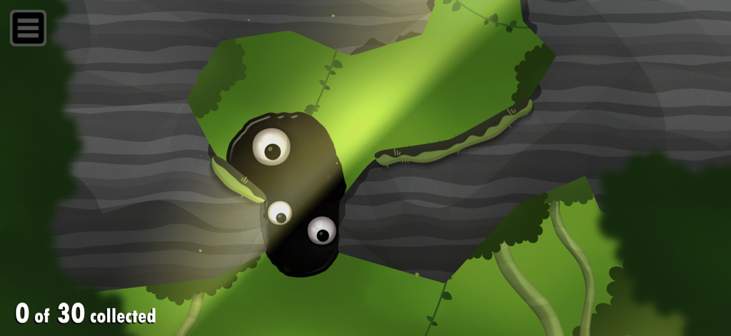 Gameplay screenshot of World of Goo 2 showing a large black goo mass with googly eyes in a green forest environment