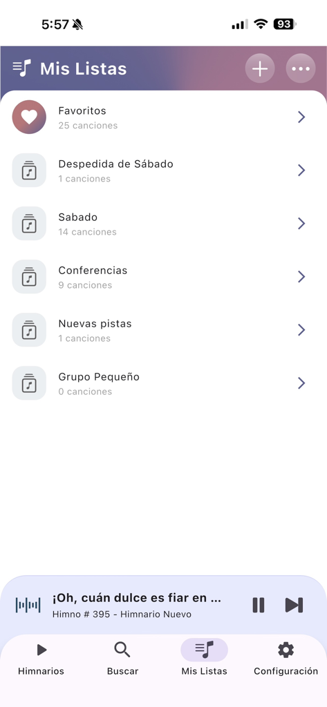 Himnario Adventista Completo - Interface of the Himnario Adventista app showing the My Lists screen with personalized hymn playlists and an active music player.