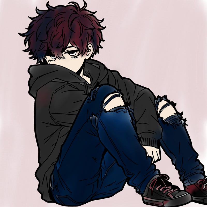 a male hoddie ripped jeans messy hair anime