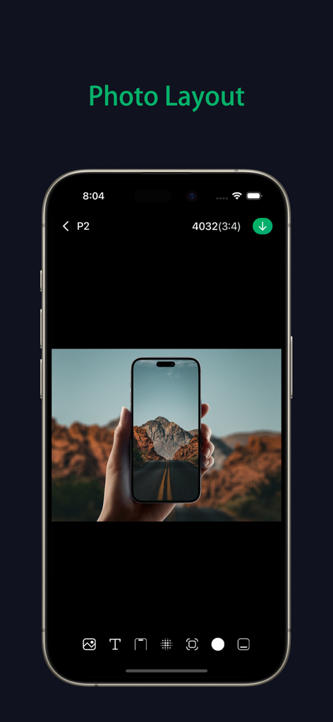 Panostory Pro - Screenshot of Panostory Pro photo layout editor showing an aesthetic mountain landscape image inside a smartphone frame