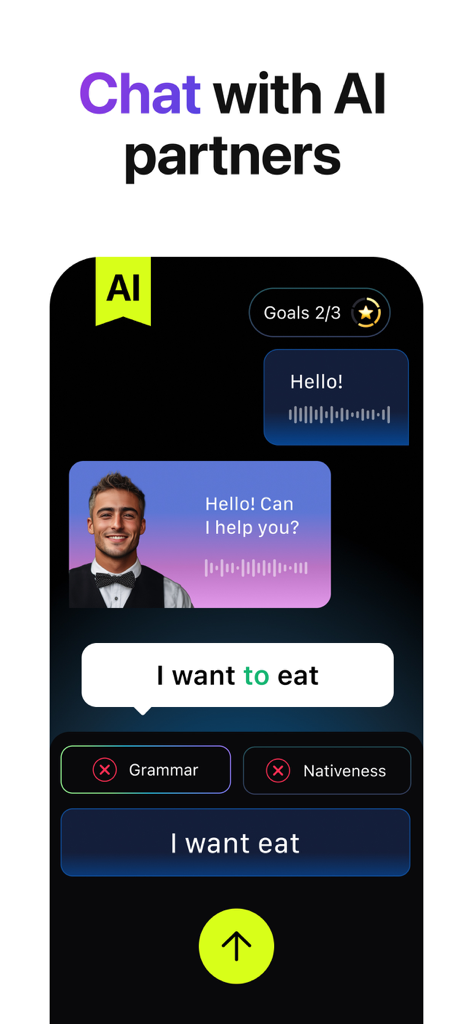 Lola Speak: English Practice - Interface showing an interactive English conversation with an AI partner including grammar and pronunciation feedback.