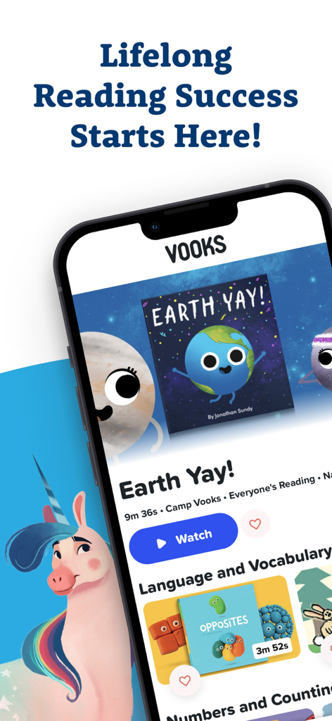 Vooks app screen showcasing animated read-aloud books and educational categories for children.