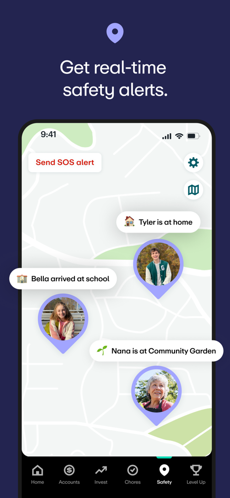 Greenlight Kids & Teen Banking - Greenlight app screen showing real-time location tracking for family members and safety alerts on a map