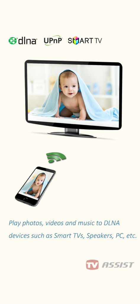 TV Assistアプリが、DLNAテクノロジーを使用して、赤ちゃんの写真が映し出されたiPhoneから大型スマートTVへのストリーミングを表示しています