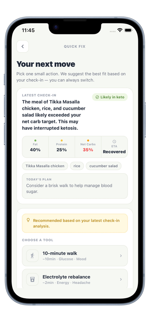 KetoGo | Diet - KetoGo app interface displaying quick fix recommendations like a 10 minute walk and electrolyte rebalance after a high carb meal analysis.
