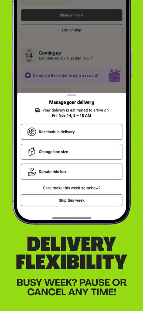 HelloFresh app interface showing delivery management options including reschedule, change box size, donate, and skip a week.
