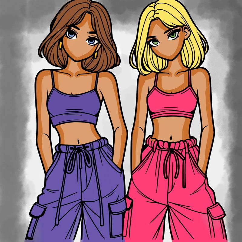 two girls with crop top with baggy pants