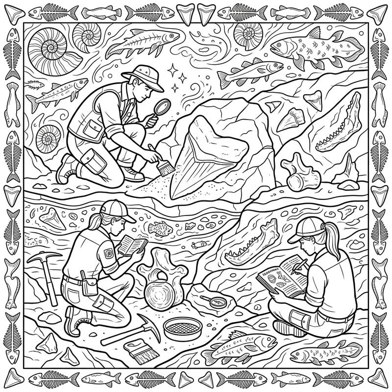 Embark on an exciting journey into the prehistoric world with our Megalodon Paleontology coloring page. Discover paleontologists meticulously unearthing and studying the magnificent fossils of the legendary Megalodon shark.