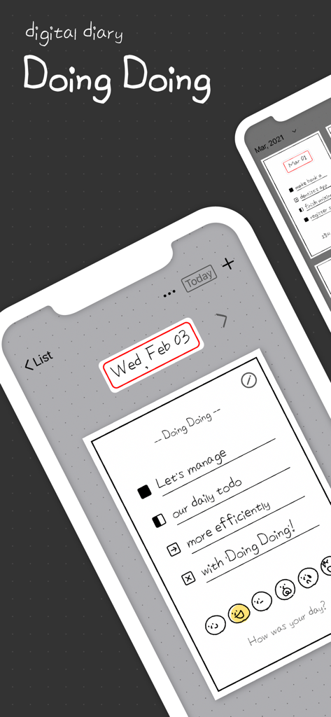 Doing Doing - Minimalist digital bullet journal interface with daily tasks and mood emojis