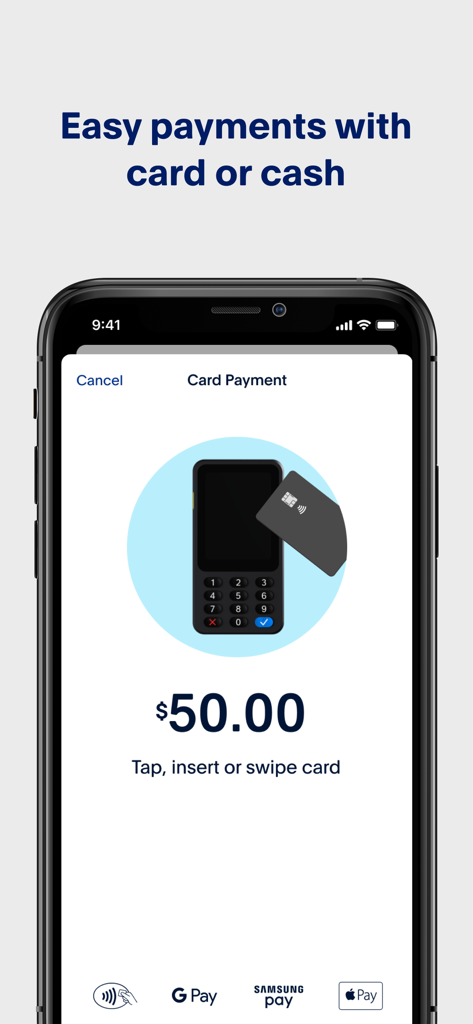 PayPal POS app screen showing a card payment interface for fifty dollars with tap to pay icons