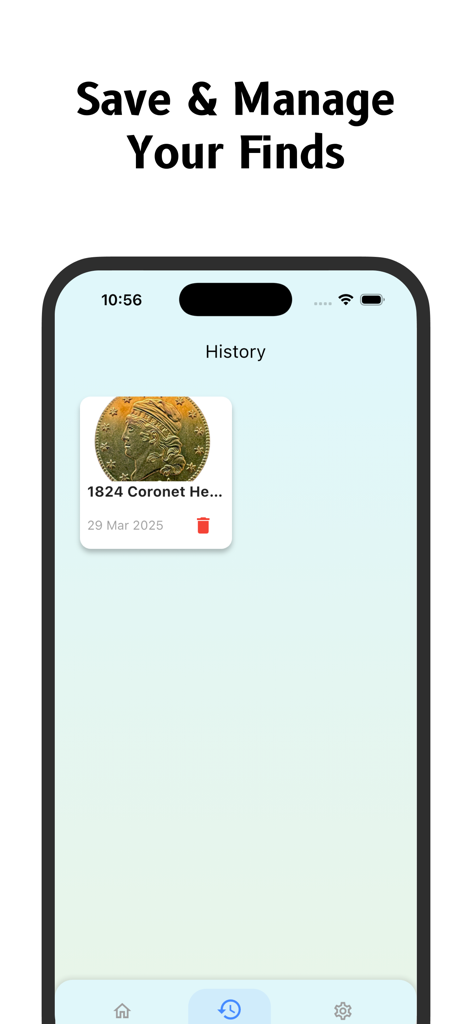 Antique Identifier - Antiqio - Interface of the Antiqio app displaying the history section to save and manage identified antique finds including a vintage coin