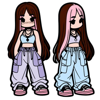 girl in baggy pants crop top and long hair