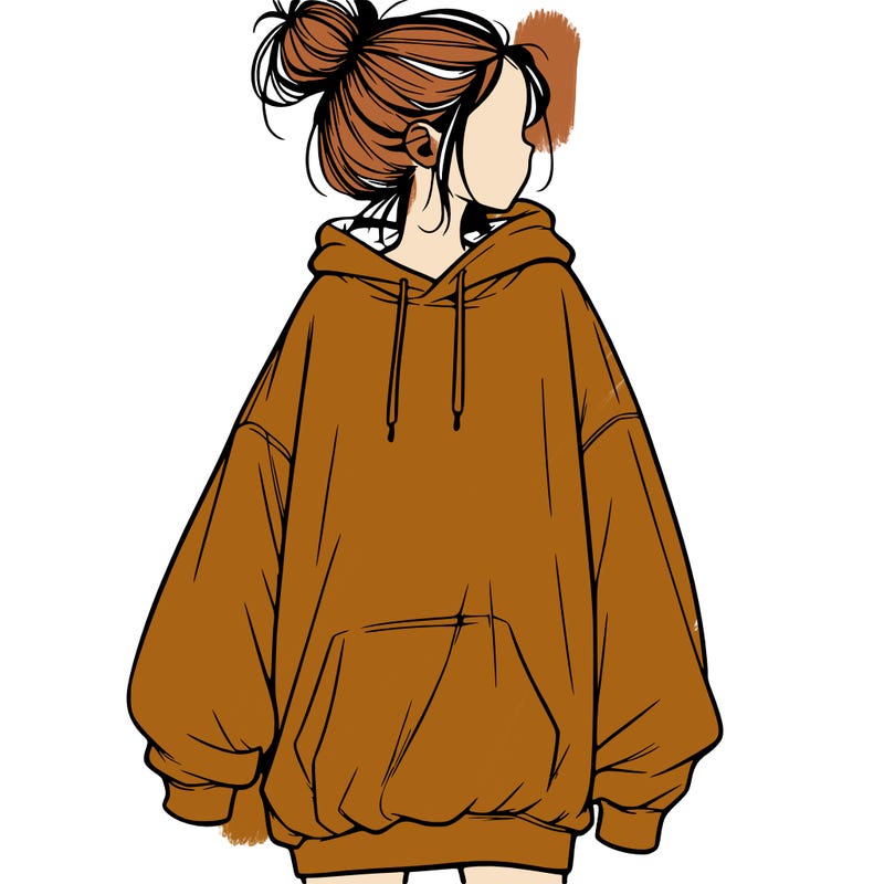 realistic girl with a oversized sweatshirt on and a bun