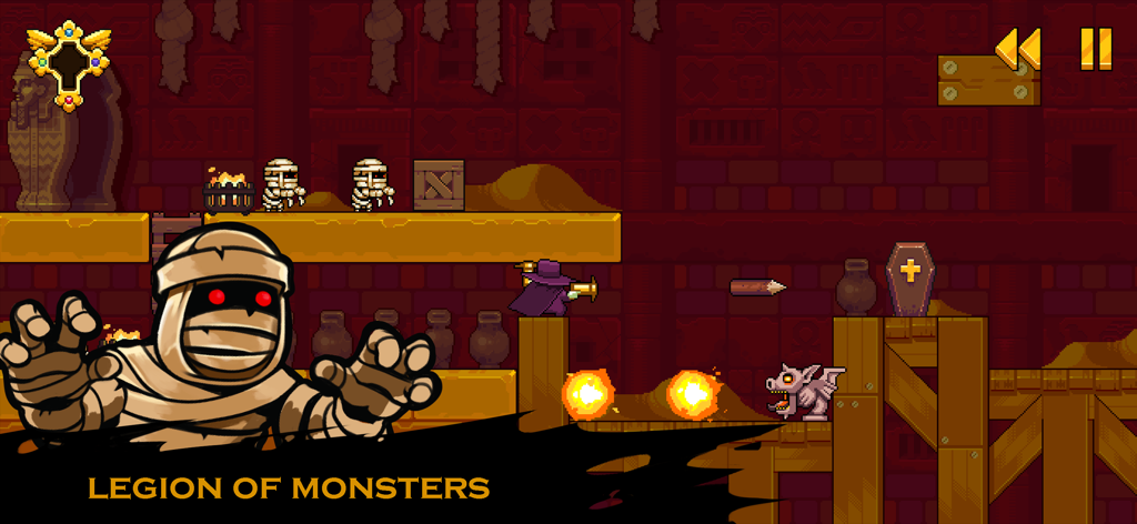 A pixel art game screenshot of Turn Undead 2: Monster Hunter showing a hunter character in an Egyptian tomb with mummies and the text Legion of Monsters.