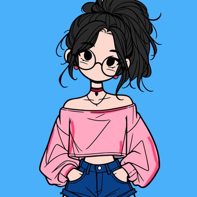 girl with a messy ponytail glasses a baggy crop top and jean shorts