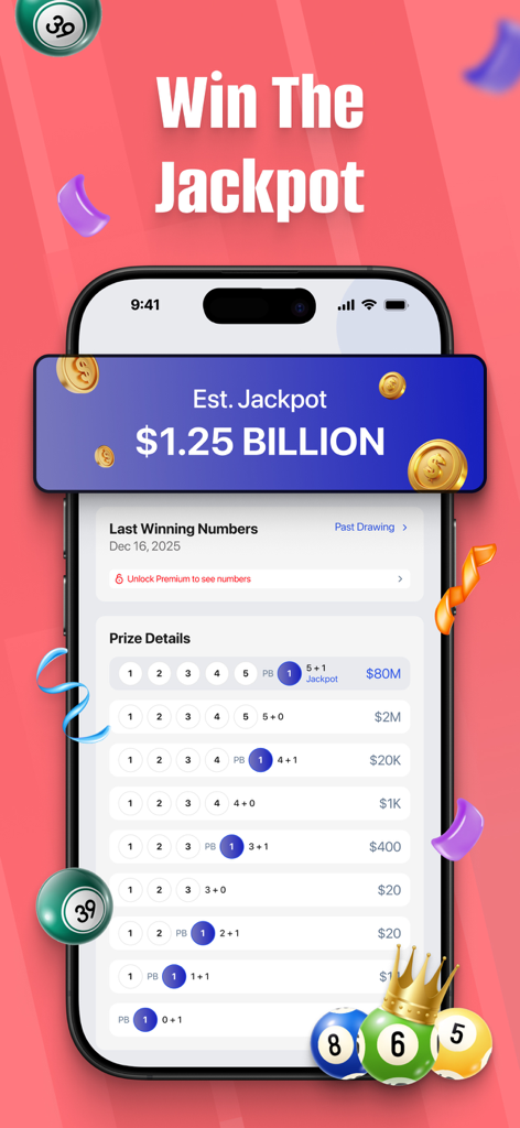 Tela do aplicativo de loteria exibindo um enorme jackpot estimado e uma lista de níveis de prêmios com combinações de bolas premiadas