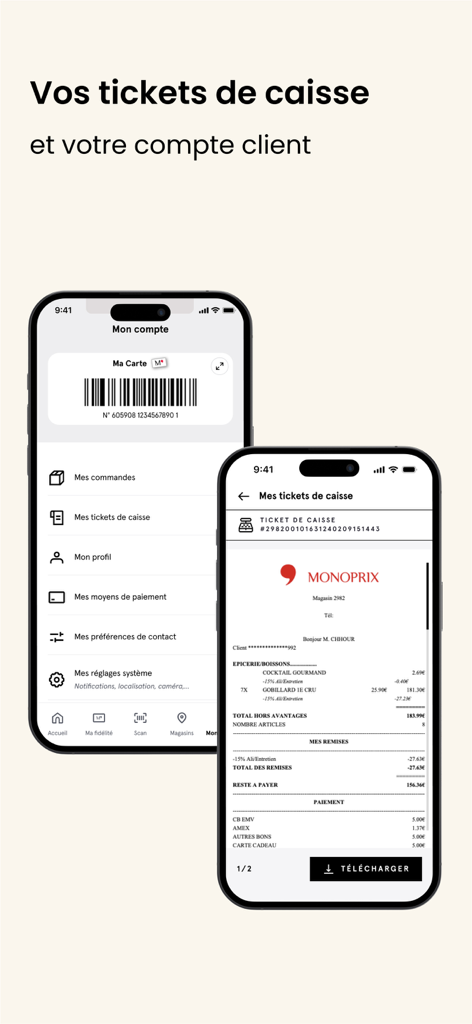 M' Monoprix - Interfaccia dell'app mobile Monoprix che mostra la tessera fedeltà digitale e una ricevuta di acquisto elettronica dettagliata