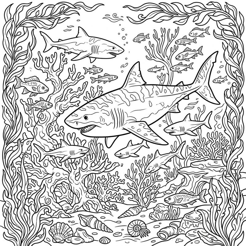Explore the speculative world of Megalodon reproduction with this intricate coloring page, featuring majestic adult sharks alongside their young in a vibrant prehistoric marine ecosystem. Immerse yourself in a detailed underwater scene, bringing to life ancient corals, diverse fish, and fascinating ocean flora.