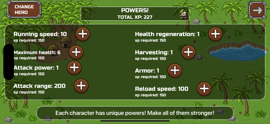 Bruno And Arishnev - Character powers and upgrade menu screen in Bruno and Arishnev game
