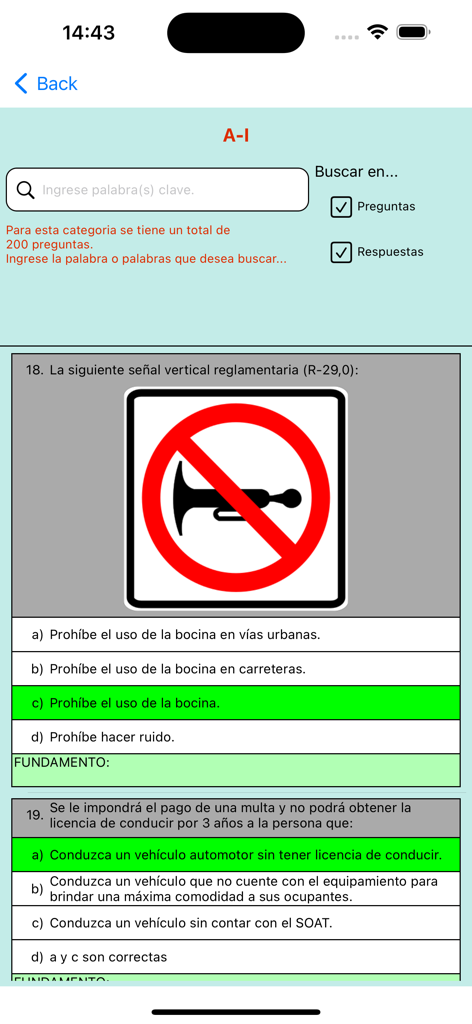 Interfaz de la aplicación móvil que muestra una pregunta de opción múltiple para un examen de manejo peruano con una señal de tráfico que prohíbe el uso de bocinas.