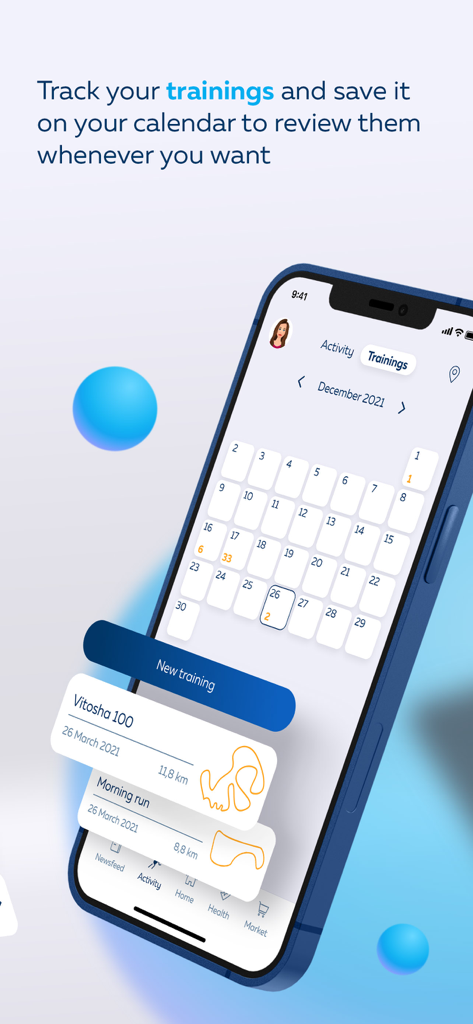 Kaksi - Kaksi mobile app interface displaying a training calendar and a list of completed physical activities.