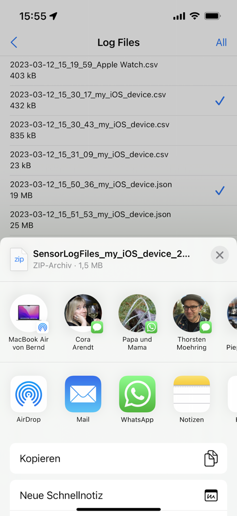 SensorLog - List of recorded sensor data files in CSV and JSON formats being exported via the iOS share sheet