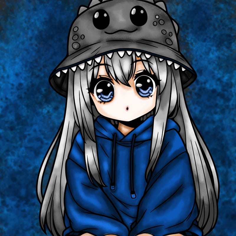 girl with anime shaped eyes with a dinosaur bucket hat oversized sweatshirt long straight hair