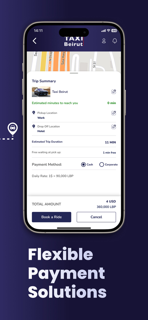 Taxi Beirut - Interfaz de la aplicación Taxi Beirut que muestra un resumen del viaje con opciones de pago flexibles en USD y LBP.