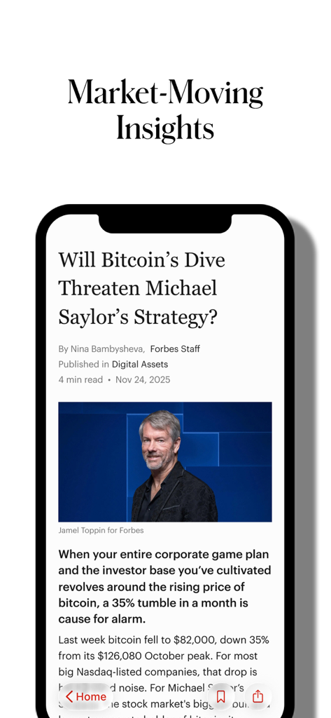 Forbes - La app móvil de Forbes mostrando un artículo financiero sobre estrategia de Bitcoin bajo el encabezado Perspectivas que Mueven el Mercado.