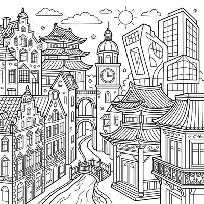 Embark on a creative journey with this detailed architectural cityscape coloring page, perfect for seniors. Featuring a delightful blend of European, Asian, and modern buildings, it offers a relaxing and engaging coloring experience.