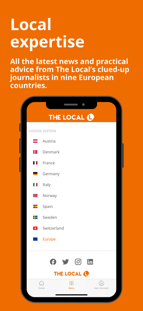 Screenshot of The Local news app showing a menu to choose news editions for different European countries including France, Germany, and Spain.