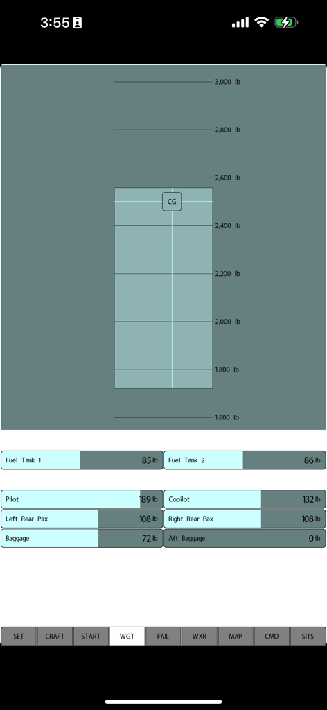 X-Plane 12 Control Pad weight and balance interface showing center of gravity chart and aircraft loading options