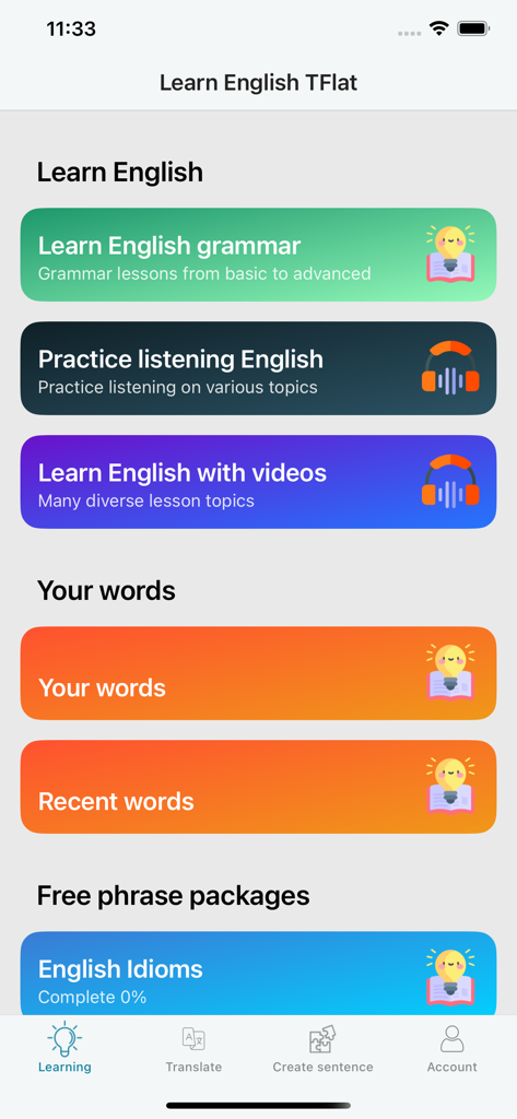 Interfaccia dell'app di apprendimento dell'inglese TFlat che mostra lezioni di grammatica, pratica di ascolto e strumenti di vocabolario.