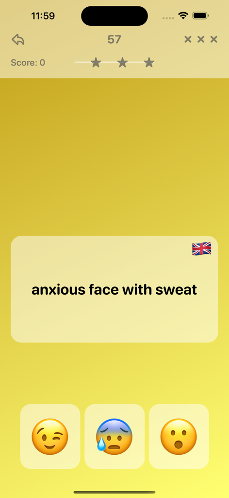 New Emoji Quiz Game - Puzzle - A mobile screen showing an emoji quiz question asking to identify an anxious face with sweat emoji from three options.