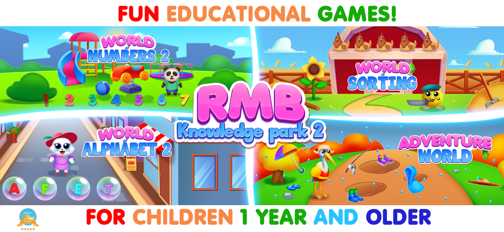 RMB Games: Pre K Learning Park - Main screen showing the four educational game worlds of RMB Knowledge Park 2 for preschoolers