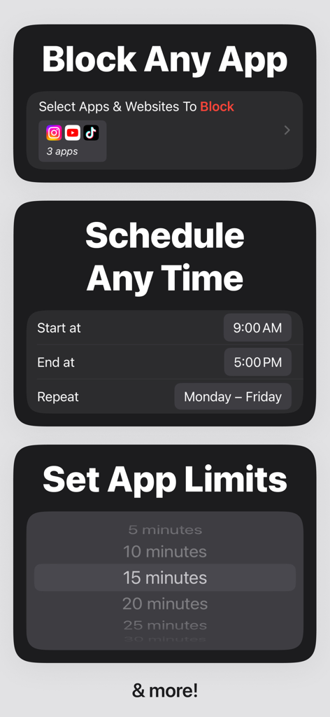 Interface of Refocus app showing options to block apps, schedule focus sessions, and set daily app limits.