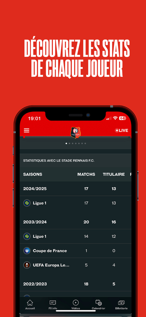 スタッド・レンヌFCモバイルアプリの選手統計画面、シーズンごとの試合数と出場数表示