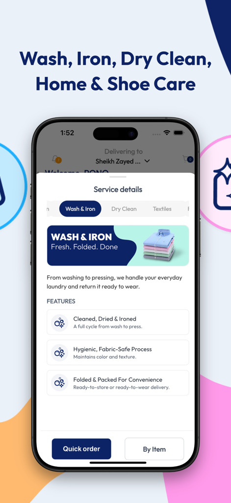 Z-Laundry - Z-Laundry Mobile App-Bildschirm mit Details und Funktionen für Wasch- und Bügelservices