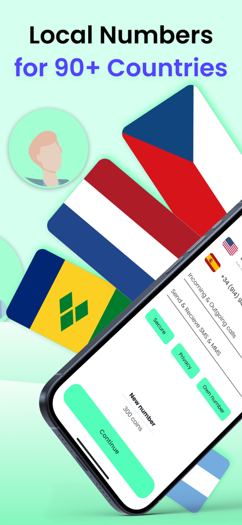 ACR Call Recorder · 2nd Line - ACR Call Recorder app interface showing local phone number options for over 90 countries